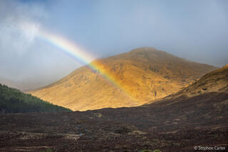 Vibrant rainbow descending onto a sunlit Highland hillside, with dramatic clouds and heather-covered moorland in the foreground
